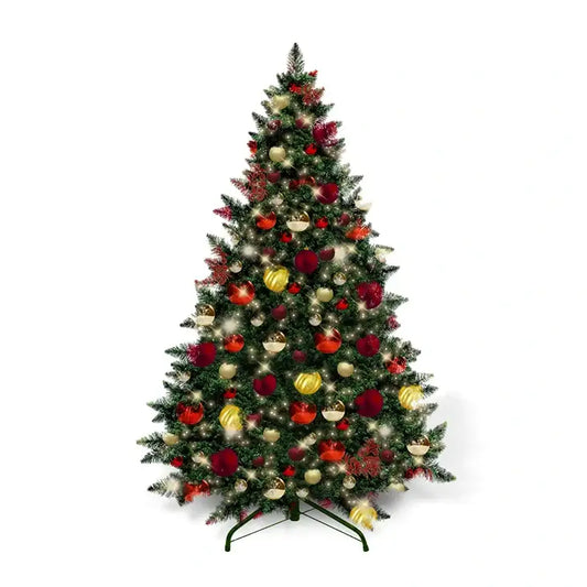 9FT Artificial Christmas Tree PVC Pre-Decorated Red Burgundy Gold Ornaments with Warm White Lights