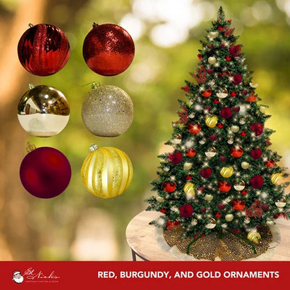 9FT Artificial Christmas Tree PVC Pre-Decorated Red Burgundy Gold Ornaments with Warm White Lights