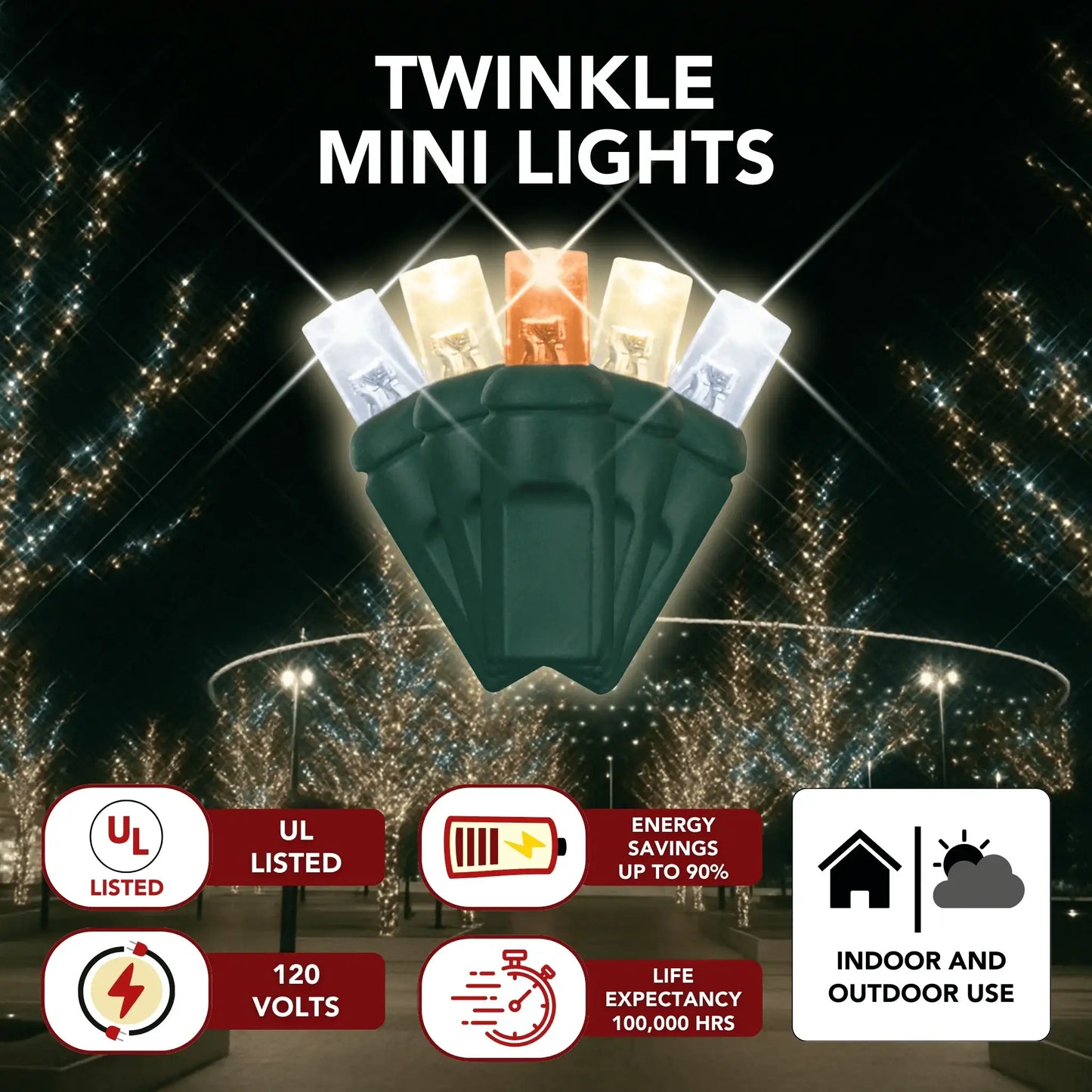 LED Mini Lights 5MM Amber/Warm White/Cool White Twinkle Green Wire - 6" Spacing