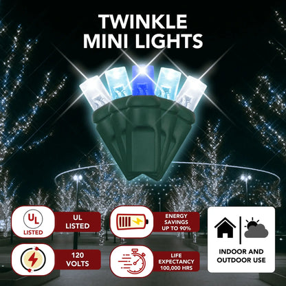 LED Mini Lights 5MM Aqua Blue and Cool White Twinkle  Green Wire- 6" Spacing