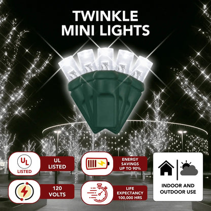 LED Mini Lights 5MM Pure White Twinkle Green Wire  6" Spacing