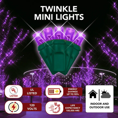LED Mini Lights 5MM Purple Twinkle Green Wire 6" Spacing