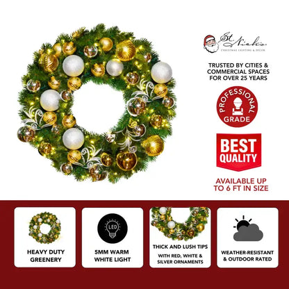 Pre-Decorated Christmas Wreath with Warm White Lights Gold/Silver
