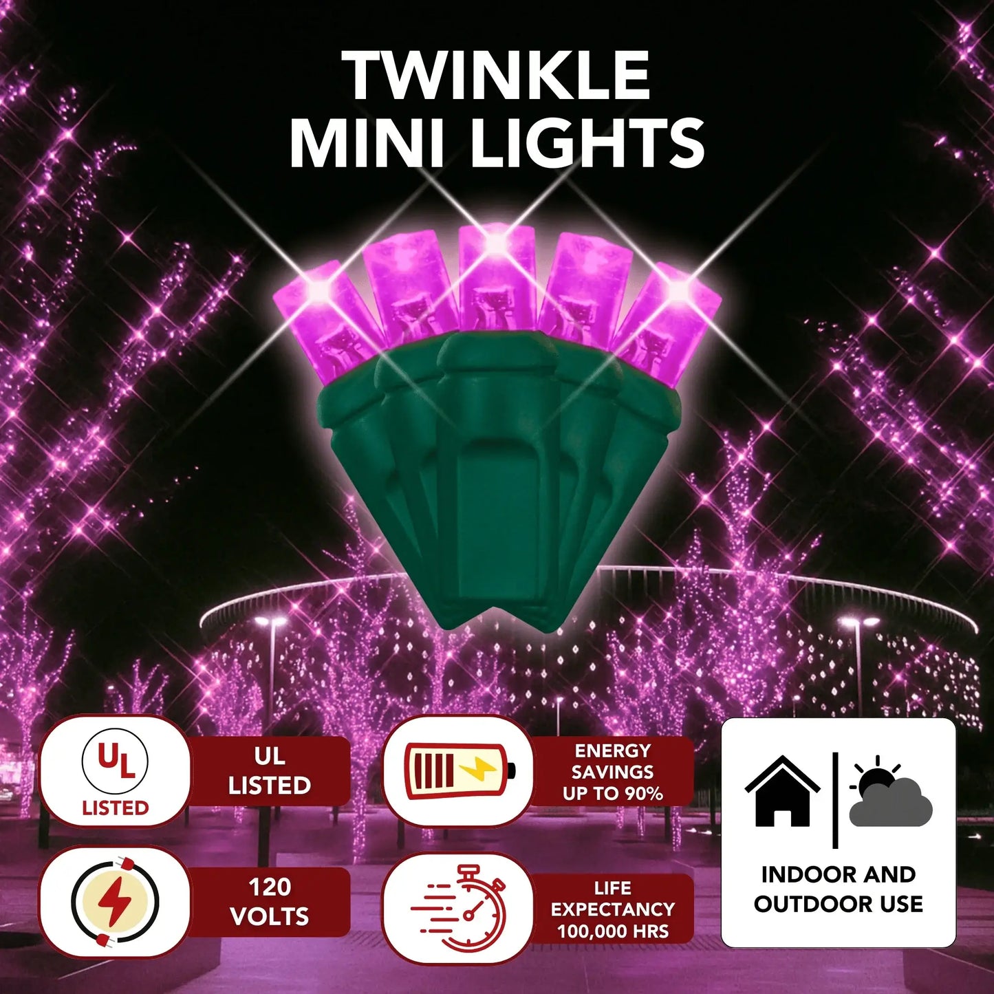 LED Mini Lights 5MM Pink Twinkle Green Wire - 6" Spacing
